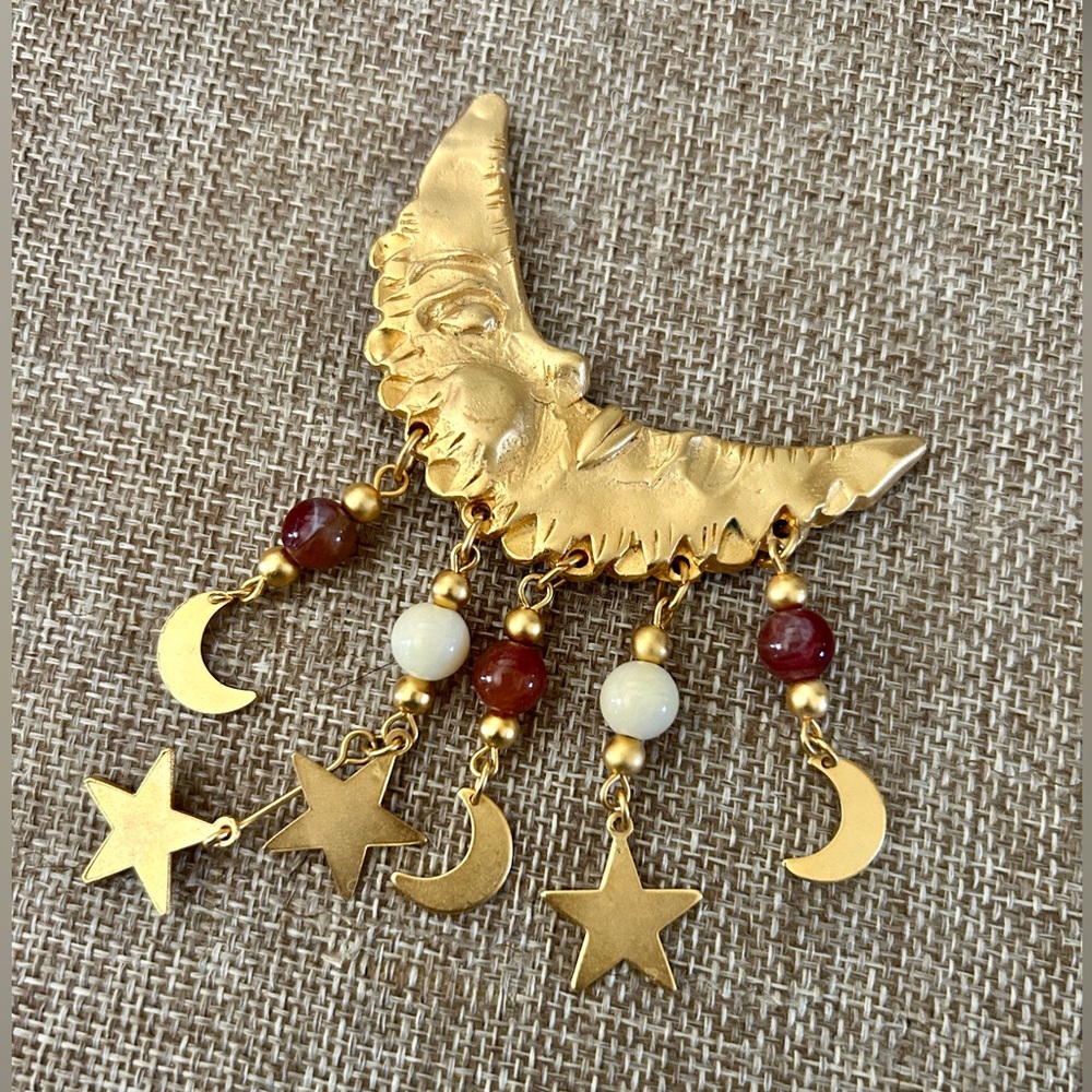 Vintage Norma Jean Man in the Crescent Moon &  Stars Dangling Beads Brooch